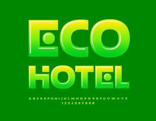 Naklejka premium Vector advertising Sign Eco Hotel. Modern creative Font. Bright Glossy Alphabet Letters and Numbers