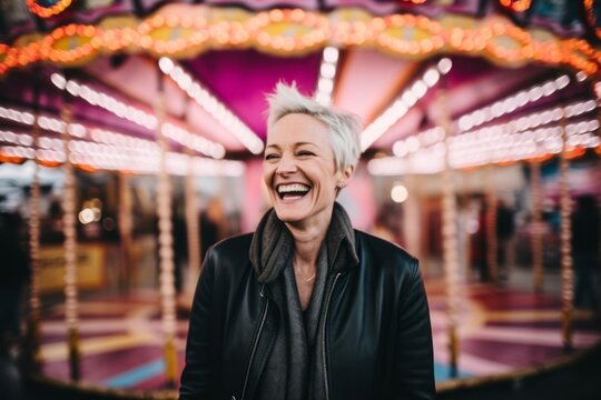 Medium Shot Portrait Photography Of A Happy Mature Woman Wearing A Sleek Bomber Jacket Against A Carnival Background. With Generative AI Technology