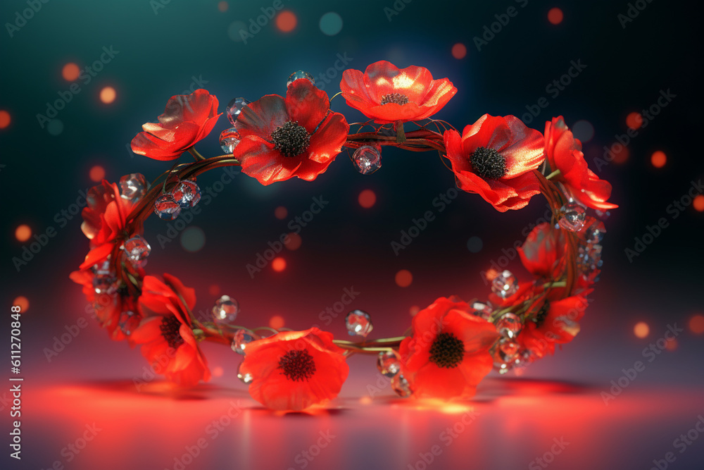 Aufkleber An image of a flower crown made with delicate Poppy, smooth elegant transparent fabric on bright bokeh background.  Generative AI technology.