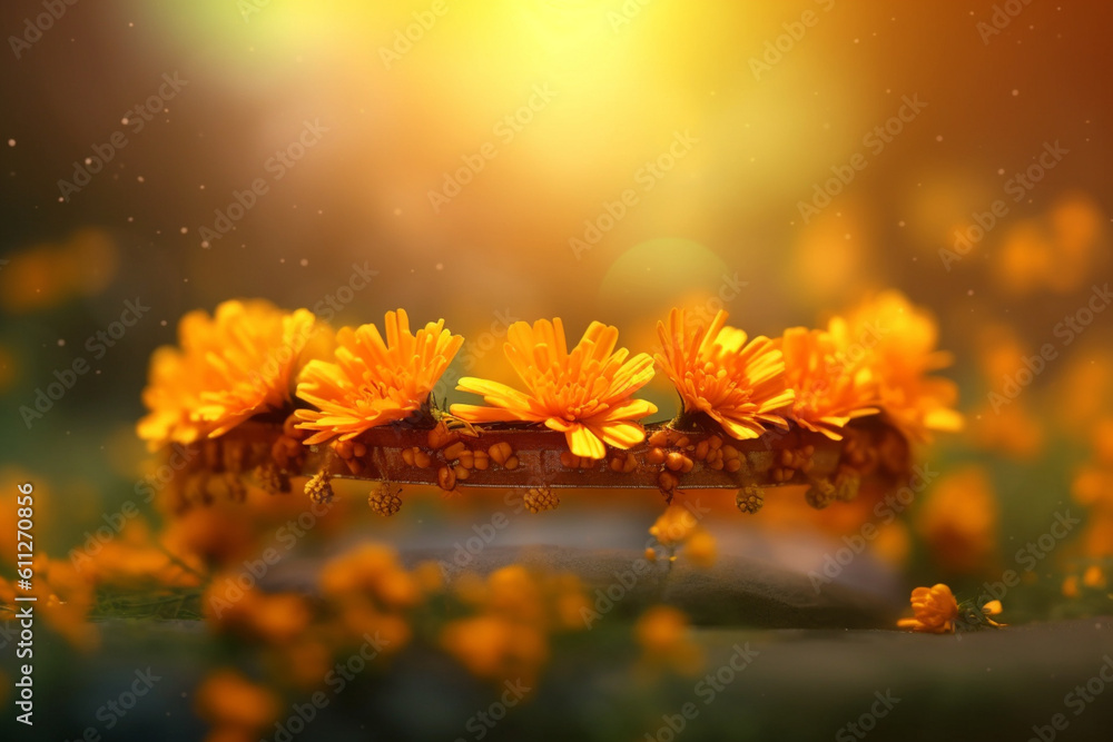 Poster An image of a flower crown made with delicate Marigold, smooth elegant transparent fabric on bright bokeh background.  Generative AI technology.