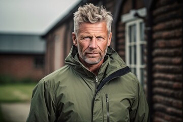 Headshot portrait photography of a glad mature man wearing a lightweight windbreaker against a rustic farmhouse background. With generative AI technology