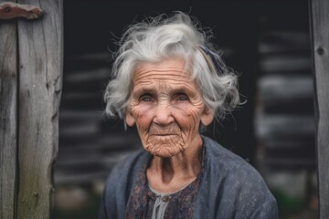 Close-up portrait photography of a glad old woman wearing a sophisticated blouse against a rustic farmhouse background. With generative AI technology