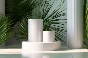 glossy white round cylinder podium, product display green tropical bamboo palm in sunlight, leaf shadow on wall for luxury organic beauty, cosmetic, skin care product display. Generative AI 