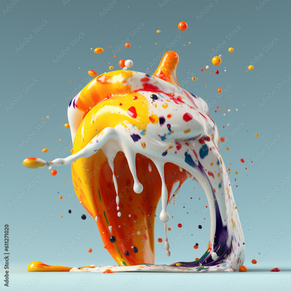 Poster An abstract surreal photograph of a White pepper splashed in bright paint.  Generative AI technology.