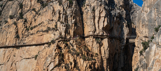 The King's Little Path. The famous walkway along the steep walls of a narrow gorge in El Chorro. Malaga province, Spain.