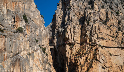 The King's Little Path. The famous walkway along the steep walls of a narrow gorge in El Chorro. Malaga province, Spain.