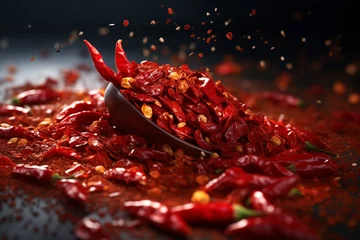 Fotobehang A visually appealing image of cayenne pepper flakes, known for their fiery heat and vibrant red color.  Generative AI technology. © Oleksandr