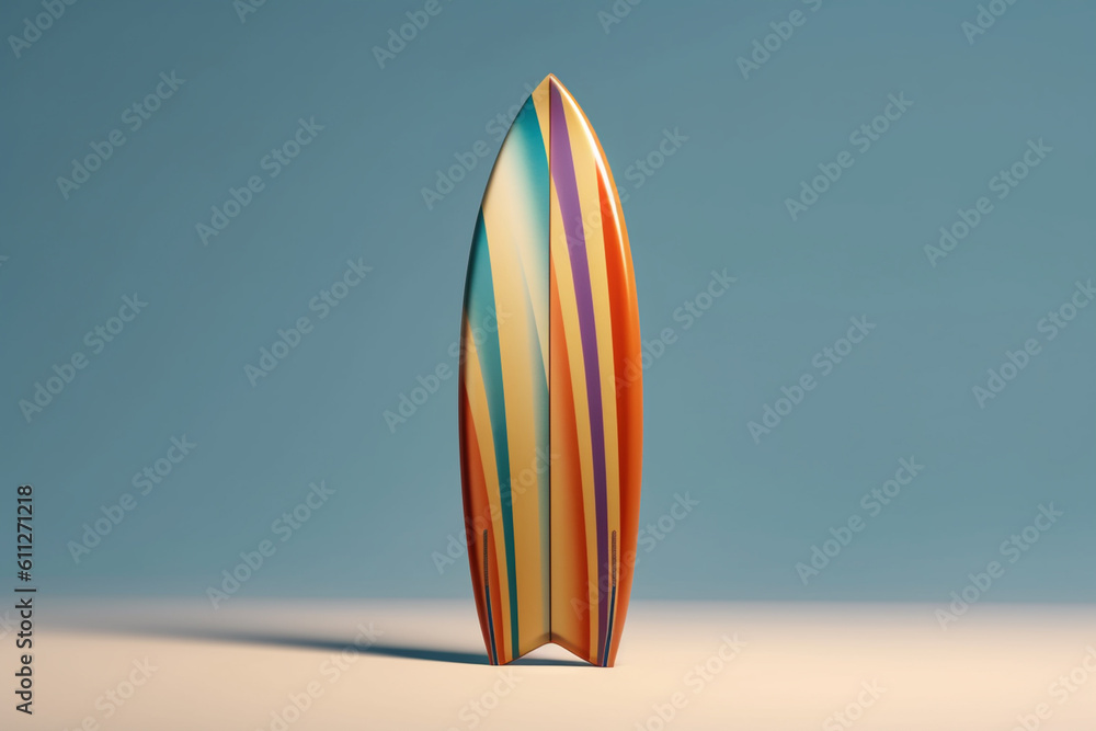 Poster An image featuring a surfboard, emphasizing its streamlined shape, colorful design, and fin configuration. Generative AI technology.