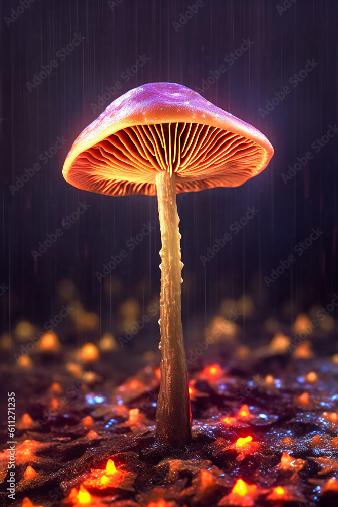 Poster a close-up shot of psilocybe cubensis (magic mushroom), showcasing its distinct cap shape, gills, an