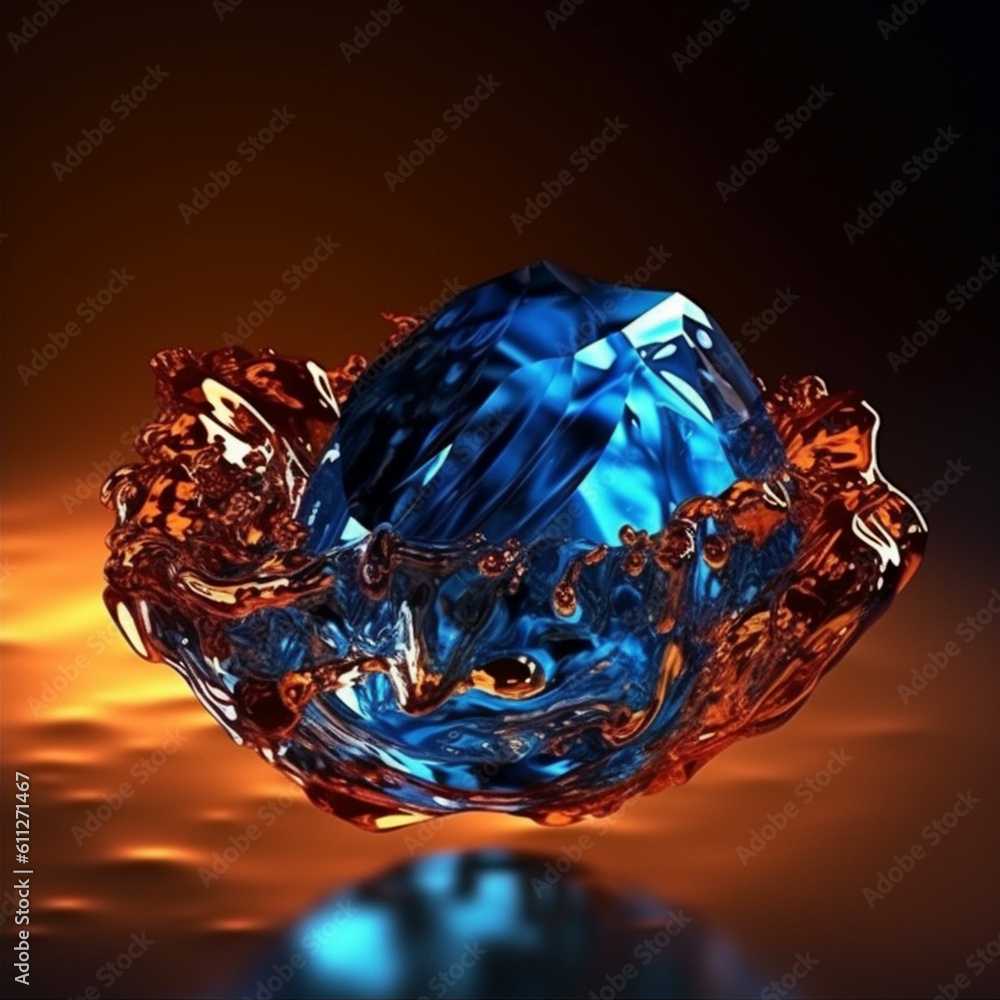Poster An abstract surreal photograph of a Sapphire splashed in bright paint.  Generative AI technology.