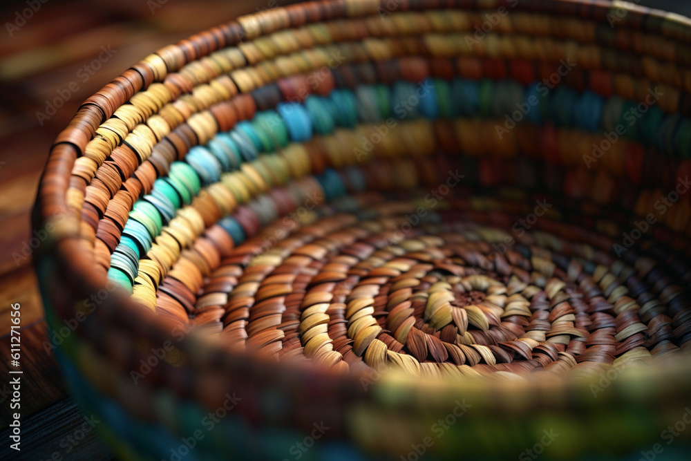 Poster a close-up shot of a round woven basket with handles, crafted from water hyacinth, displaying its in