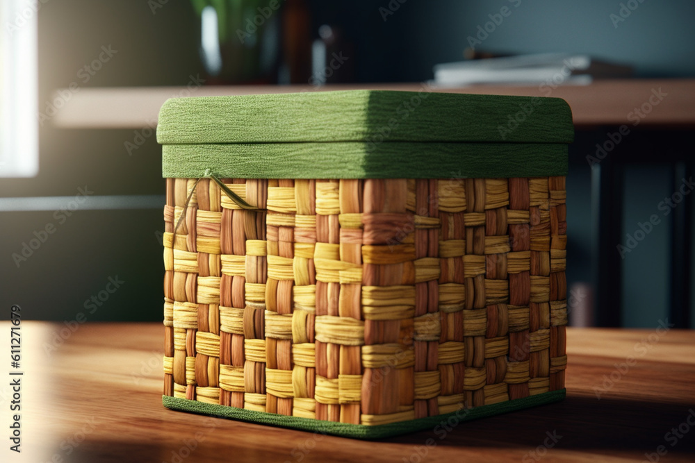 Fototapete an image capturing a woven storage bin with a lid, made from seagrass or water hyacinth, providing a
