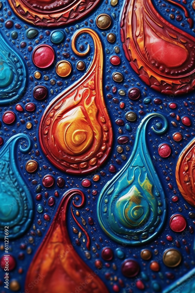 Poster A vibrant image showcasing a paisley pattern, originating from India, featuring intricate teardrop-shaped motifs in rich colors, Generative AI technology.