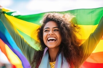 happy young woman holding LGBTQ flag. AI Generative
