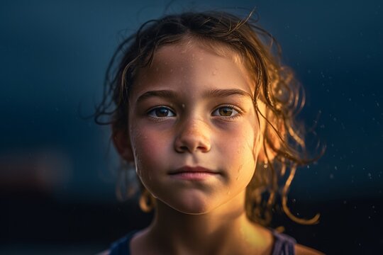 Close-up portrait photography of a grinning kid female wearing breezy shorts against a dramatic thunderstorm background. With generative AI technology