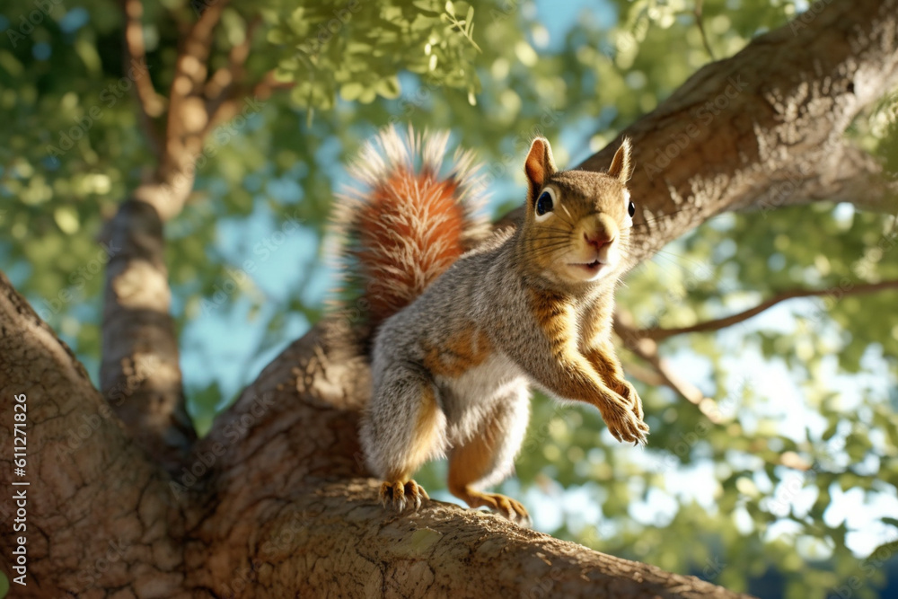 Poster a delightful shot of a squirrel in a tree, capturing its agile movements and bushy tail. generative 