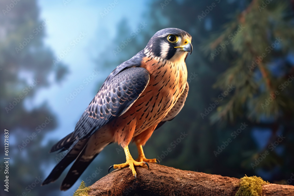 Poster  A dynamic photograph of a falcon perched on a branch, showcasing its streamlined body and keen hunting instincts.  Generative AI technology.