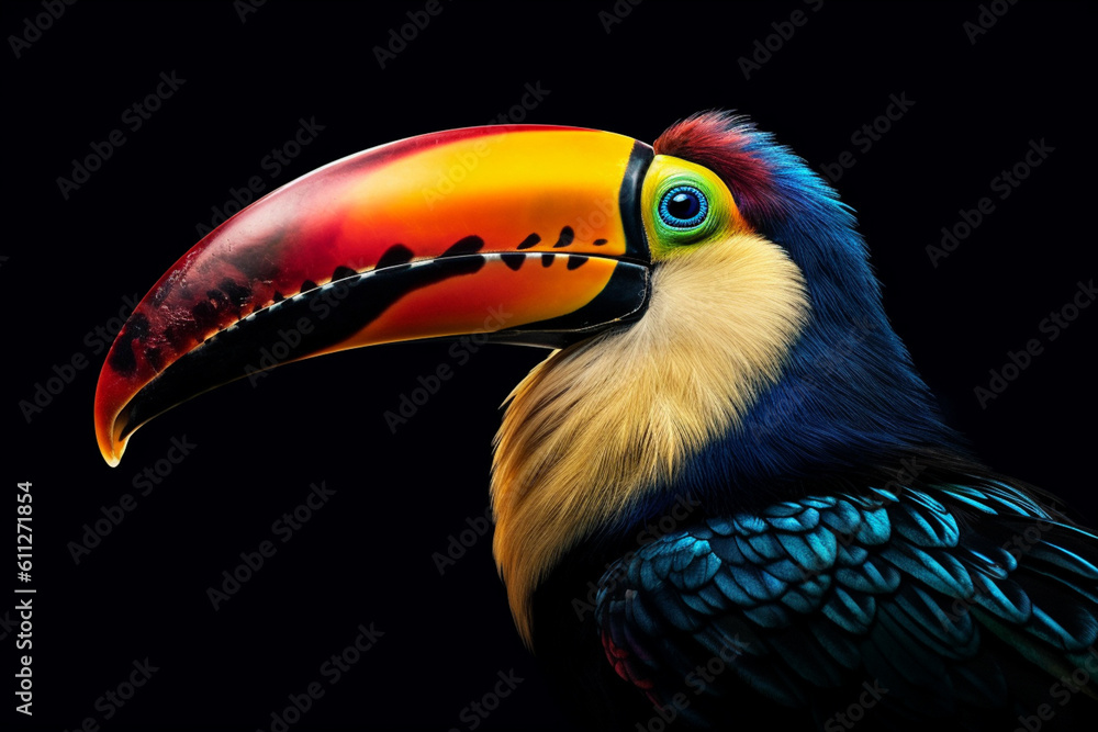 Poster a striking photograph of a toucan, showcasing its large beak and unique plumage. generative ai techn