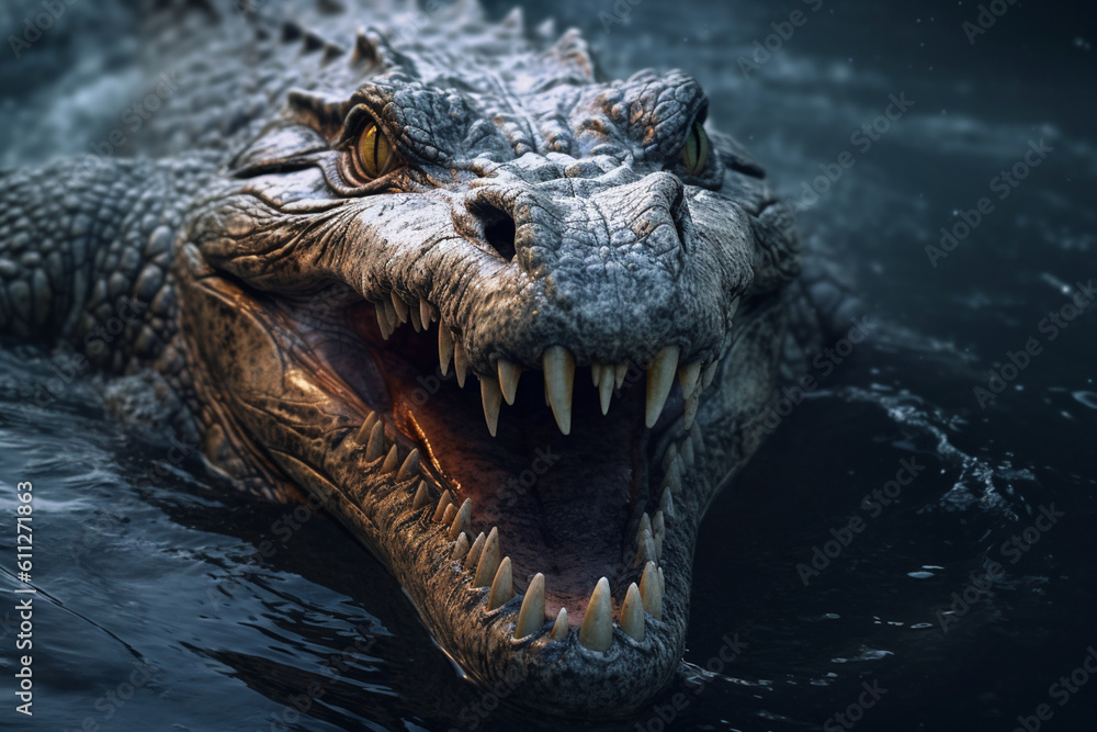 Poster a powerful photograph of a crocodile lurking in water, highlighting its rugged scales and sharp teet