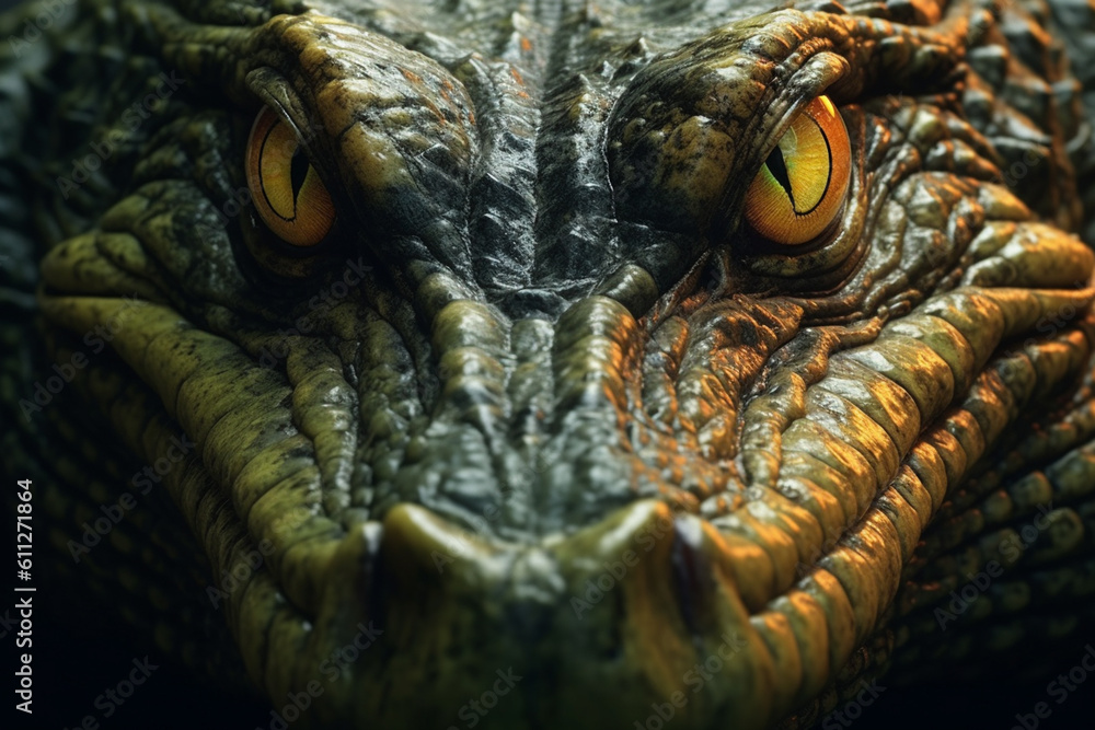 Poster a close-up image of an alligator, capturing its menacing gaze and strong, muscular body. generative 