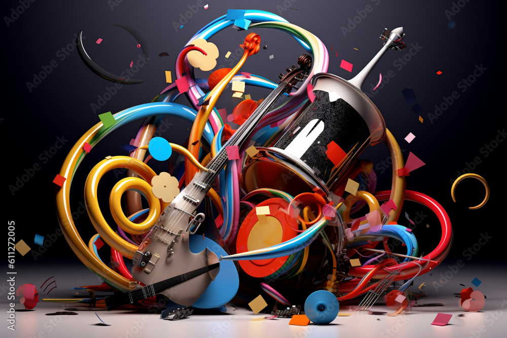 Poster an abstract composition of musical instruments, notes, and sound waves intertwined, representing the
