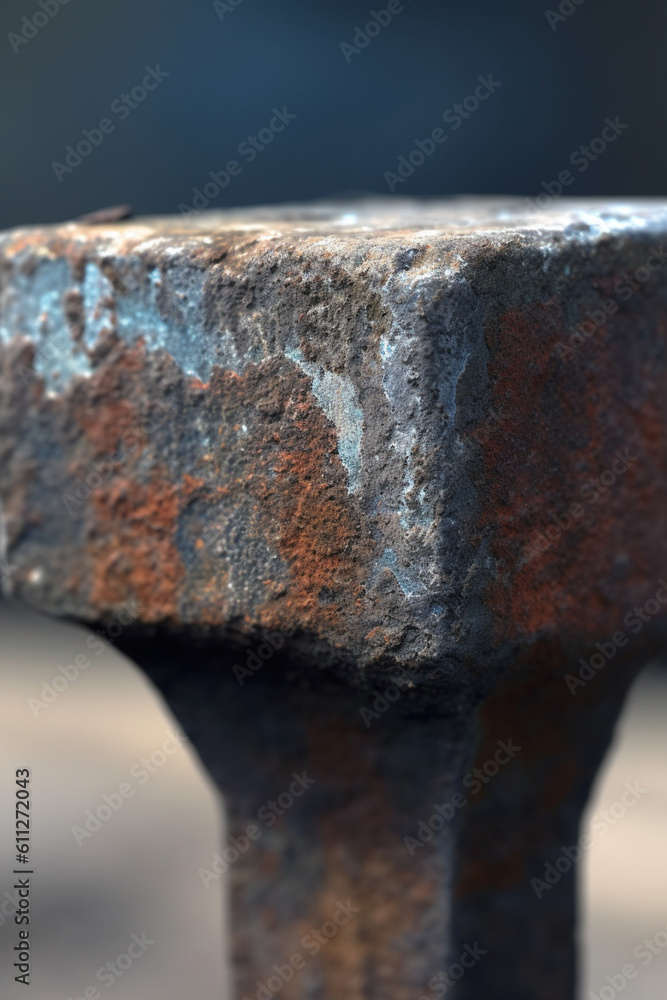 Poster  A close-up of a blacksmith's anvil, showcasing the worn surface and markings from years of use and craftsmanship.  Generative AI technology.