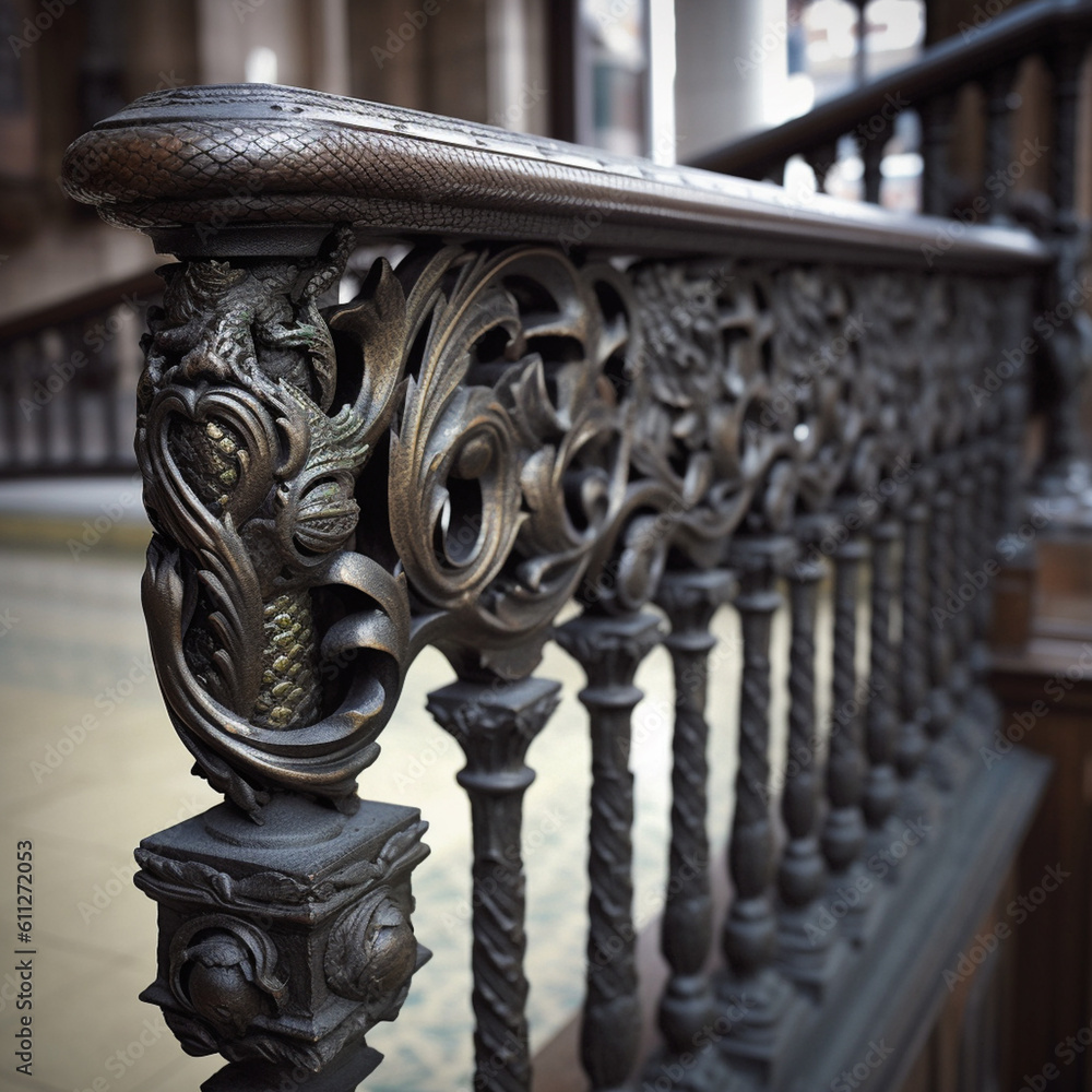 Aufkleber An image of a finished blacksmithed railing or balustrade, showcasing the intricate patterns and details achieved through the craft. Generative AI technology.