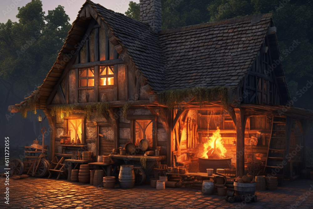 Poster an image of a blacksmith's workshop at dusk, with glowing embers and the warm glow of fire, creating
