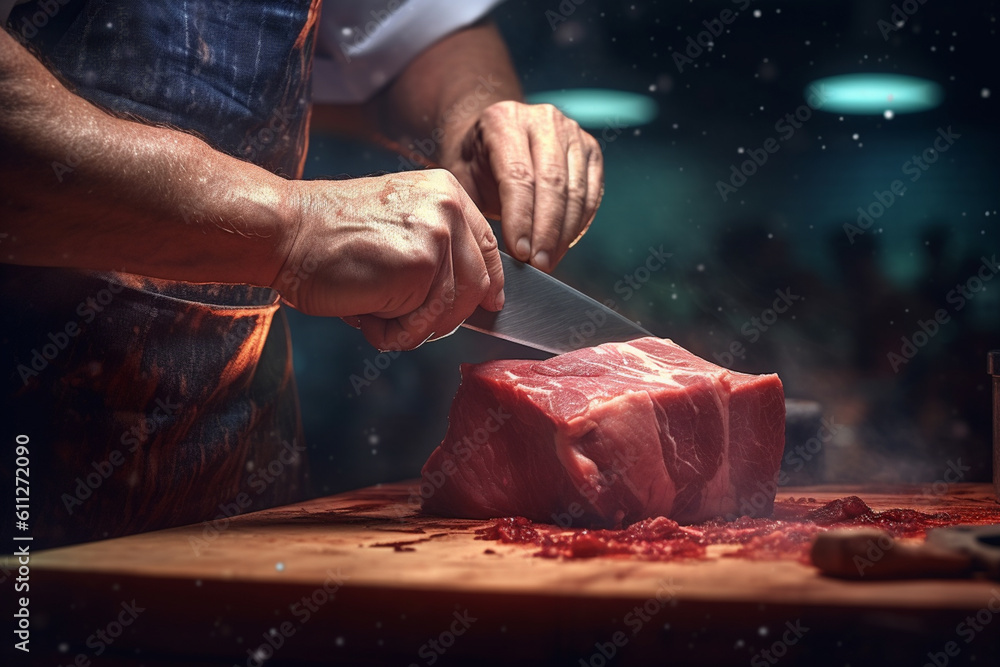 Poster  A butcher sharpening a large meat cleaver, highlighting the importance of sharp tools in the trade.  Generative AI technology.