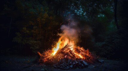 Fototapeta premium Bonfire in center the forest at night. Generative AI