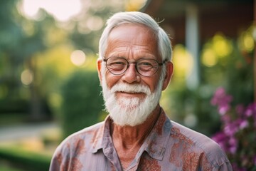 Lifestyle portrait photography of a satisfied old man wearing a casual short-sleeve shirt against a botanical garden background. With generative AI technology