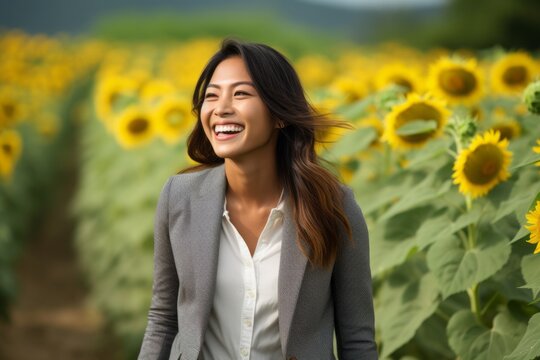 Environmental portrait photography of a grinning girl in her 30s wearing a classic blazer against a sunflower field background. With generative AI technology