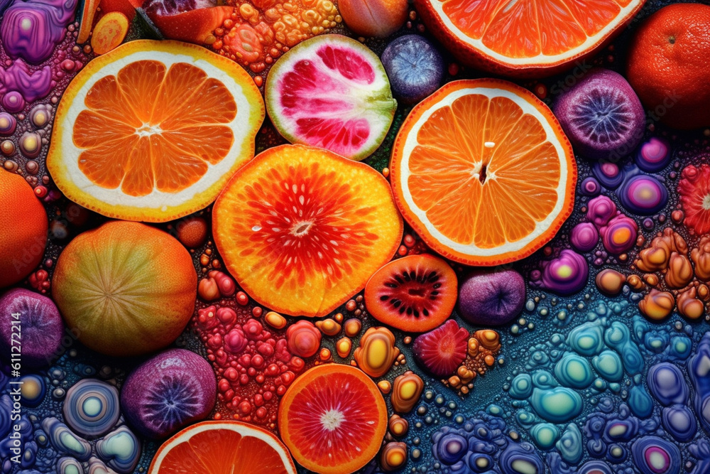 Poster an abstract textile artwork created through techniques like batik or tie-dye, featuring fruit-inspir