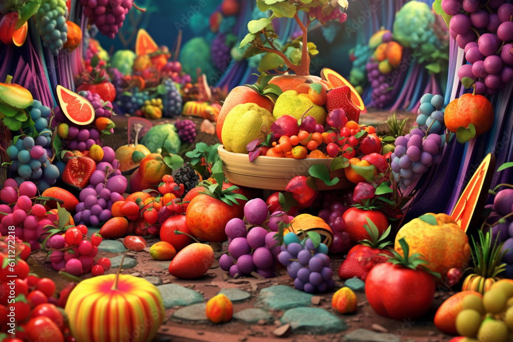 Aufkleber  A digital illustration portraying an abstract fruit garden, with various fruits represented by whimsical and imaginative shapes and patterns,  Generative AI technology.