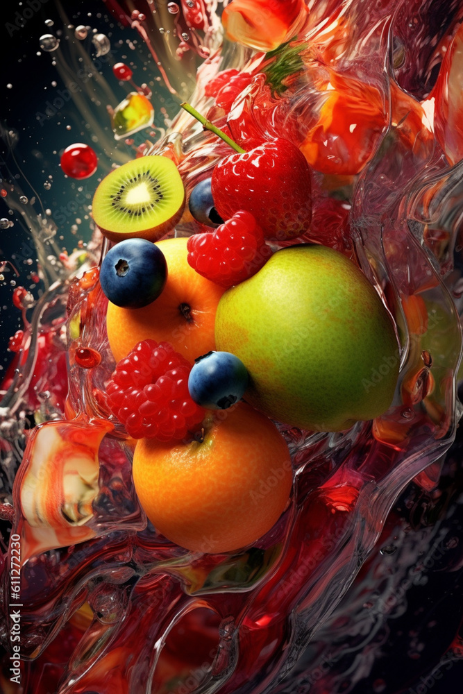 Poster An abstract digital manipulation artwork where photographs of fruits are digitally transformed, distorted,  Generative AI technology.