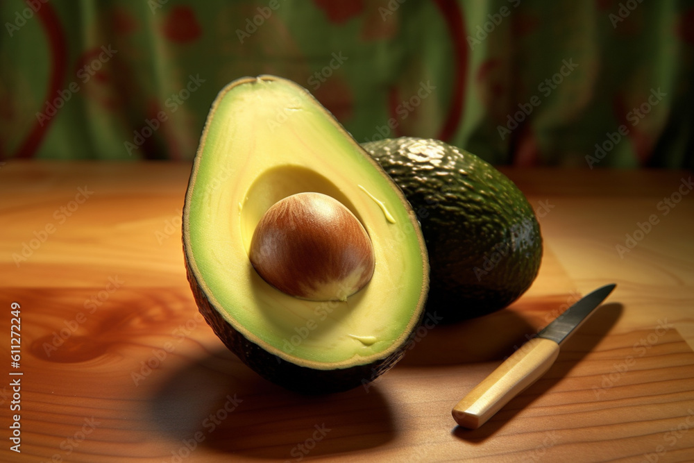 Poster an image of a perfectly ripe, sliced avocado, with its creamy green flesh and smooth texture, inviti