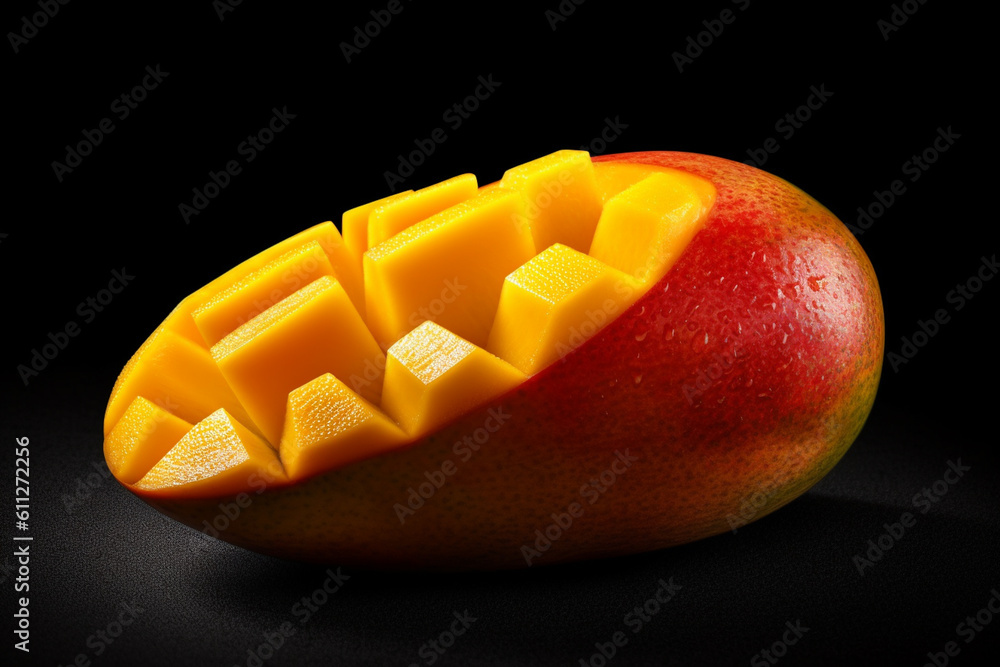 Poster a photograph of a sliced mango, showcasing its rich, golden flesh and unique texture. generative ai 