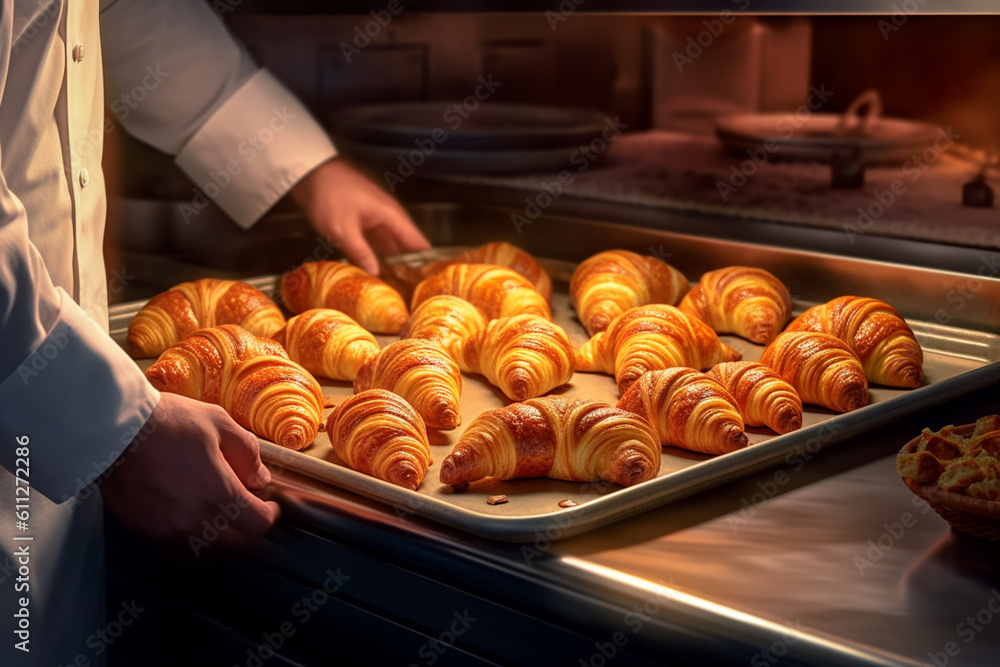 Poster an illustration of a baker pulling a tray of perfectly shaped croissants out of the oven, generative