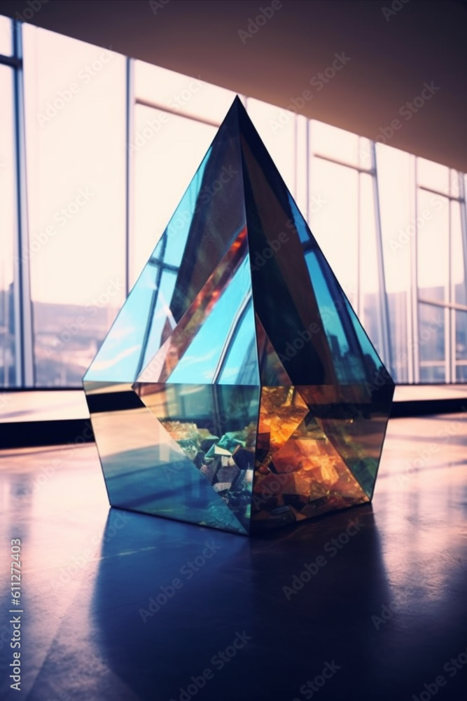 Aufkleber  A collection of geometric sculptures with mirrored surfaces, creating reflections and illusions that merge the sculpture with its surroundings.  Generative AI technology.