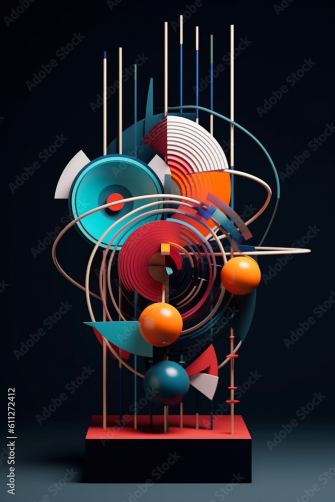 Poster an abstract kinetic sculpture with moving geometric elements, creating an ever-changing composition 
