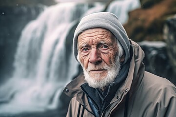 Close-up portrait photography of a glad old man wearing a comfortable hoodie against a majestic waterfall background. With generative AI technology