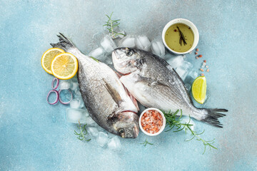 Raw organic dorado fish on blue concrete background. place for text, top view