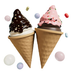 3d cartoon render illustration  chocolate ice cream and strawberry ice cream