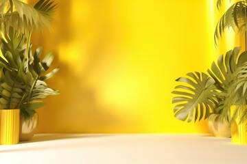 minimal yellow color studio background with tropical plants for product photography, empty room, 3D Rendering, generative AI