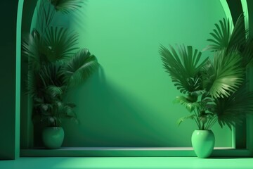 minimal green color studio background with tropical plants for product photography, empty room, 3D Rendering, generative AI