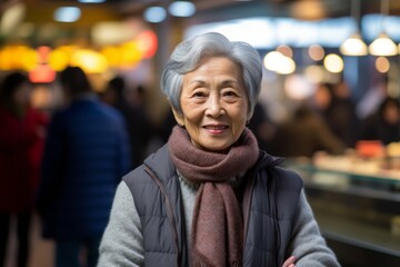 Fototapeta premium Medium shot portrait photography of a grinning old woman wearing a cozy sweater against a bustling food court background. With generative AI technology