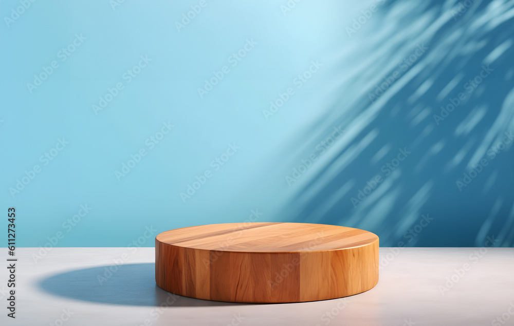 Poster abstract minimal concept. wooden plank round wood podium on blue background with afternoon sunlight 
