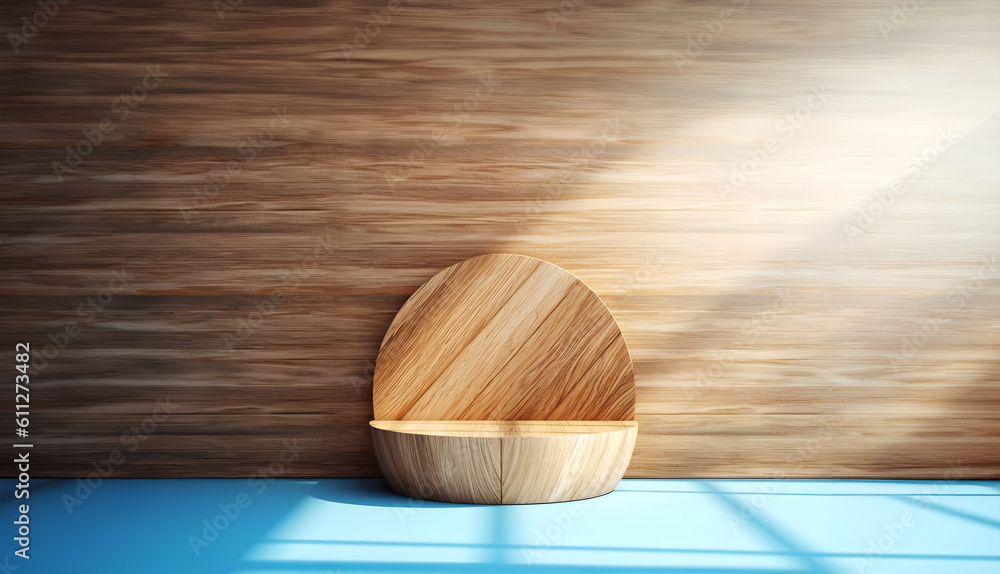 Poster abstract minimal concept. wooden plank round wood podium on oak and blue background with afternoon s