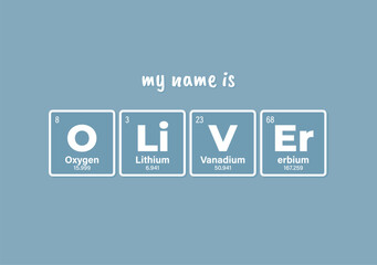 Obraz premium Vector inscription name OLIVER composed of individual elements of the periodic table. Text: My name is. Blue background