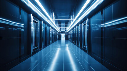 Blue abstract futuristic tunnel with neon lines. Generative AI